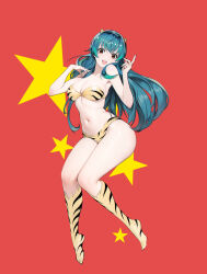 1girl animal_print bikini bobobong breasts brown_eyes commentary commentary_request cone_horns english_commentary fingernails full_body green_hair hands_up highres horns kneehighs large_breasts long_fingernails long_hair looking_at_viewer lum mixed-language_commentary nail_polish navel no_shoes open_mouth pink_nails red_background smile socks solo star_(symbol) stomach strapless strapless_bikini swimsuit thighs tiger_print urusei_yatsura very_long_hair yellow_bikini yellow_horns yellow_socks