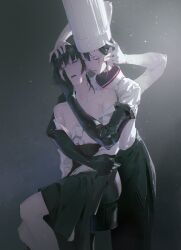 2girls apron arthropod_limbs black_apron black_hair blood blood_drip blood_from_mouth bloody_tears breasts chainsaw_man chef chef_hat closed_eyes collared_shirt dino_(dinoartforame) disembodied_head elbow_gloves extra_arms falling_devil_(chainsaw_man) flat_top_chef_hat fourth_east_high_school_uniform gloves hat highres holding_detached_head hug hug_from_behind long_arms long_hair mitaka_asa multiple_girls nosebleed open_mouth school_uniform severed_head shirt short_hair simple_background small_breasts undressing waist_apron yuri