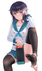Rule 34 | 1girl, absurdres, alice gear aegis, black thighhighs, blue eyes, blue hair, highres, kanogawa hiro, koashi mutsumi, long hair, nintendo switch, panties, panties around leg, school uniform, thighhighs, underwear
