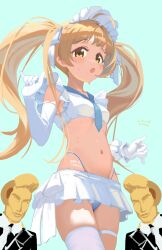 1girl 2boys :o artist_name asymmetrical_gloves bikini blue_background blue_bikini blue_sailor_collar body_writing brown_eyes brown_hair commentary cowboy_shot dated elbow_gloves gloves hair_ribbon hakozaki_serika hand_up highleg highleg_bikini highres idolmaster idolmaster_million_live! long_hair looking_at_viewer midriff miniskirt multiple_boys navel p-head_producer producer_(idolmaster) ribbon sailor_bikini sailor_collar simple_background single_elbow_glove single_thighhigh skirt sleeveless standing stomach string_bikini swimsuit thigh_strap thighhighs tomber uneven_gloves white_gloves white_headdress white_ribbon white_skirt white_thighhighs