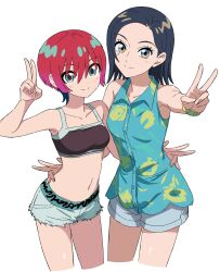 2girls amate_yuzuriha aqua_shorts bare_shoulders black_hair black_sports_bra blue_eyeshadow blue_shirt blue_shorts breasts closed_mouth collarbone comoli_harcourt cropped_legs eyeshadow floral_print gundam gundam_gquuuuuux hair_between_eyes hand_on_another&#039;s_back highres kousuke0912 light_blush makeup medium_breasts medium_hair midriff multiple_girls navel red_hair shirt short_hair shorts simple_background sleeveless sleeveless_shirt smile split_mouth sports_bra stomach v white_background