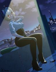 1girl absurdres artist_name black_boots boots bottle braid breasts bridge buttons cigarette cigarette_butt cigarette_pack city_lights collared_shirt covered_erect_nipples grey_hair headgear high-waist_pants high_heel_boots high_heels highres indie_virtual_youtuber ocsnacker pants red_eyes saruei_(vtuber) scar scar_across_eye scar_on_face shirt short_hair sleeves_rolled_up smoking solo spill virtual_youtuber water white_shirt