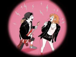 1boy 1girl alternate_costume bare_legs baseball_cap black_hair black_hat black_jacket black_skirt blush closed_eyes commentary_request cropped_shirt electric_guitar facing_another feet_out_of_frame guitar hat highres holding holding_guitar holding_instrument holding_microphone instrument jacket jewelry korean_commentary lightning_bolt_symbol long_sleeves microphone midriff miniskirt monkey_d._luffy music nami_(one_piece) necklace one_piece open_clothes open_jacket open_mouth orange_hair orange_socks pink_background playing_instrument profile red_socks shirt short_hair singing single_sidelock skirt sktkah_7326 socks standing straw_hat unworn_hat unworn_headwear white_shirt