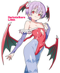 1girl animal_print bare_shoulders bat_print blue_pantyhose bridal_gauntlets character_name collarbone copyright_name covered_navel darkstalkers demon_wings diamond_cutout flat_chest grin groin hair_between_eyes head_wings highleg highleg_leotard highres leotard lilith_(darkstalkers) looking_at_viewer matuo3232 pantyhose print_pantyhose purple_bridal_gauntlets purple_hair red_eyes red_leotard red_wings short_hair smile solo white_background wings