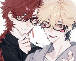 2boys alternate_costume bespectacled bishounen black_hair black_jacket black_shirt blonde_hair blush_stickers braid braided_ponytail chinese_commentary closed_mouth dated earrings eyebrow_piercing face_piercing fang fang_out glasses grey_hoodie hair_between_eyes hand_on_own_chin hand_up hood hood_down hoodie huachajiangqwq jacket jewelry long_hair looking_at_viewer male_focus multicolored_hair multiple_boys necklace open_mouth orange_eyes piercing red_eyes red_hair shiguang_dailiren shirt short_hair simple_background single_braid single_earring sleeves_past_wrists smile tassel tassel_earrings teeth turtleneck two-tone_hair upper_teeth_only white_background white_shirt xia_fei xiao_weiying yaoi