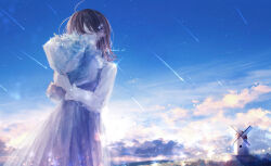 1girl amenomori_howa blue_dress blue_sky bouquet brown_hair closed_eyes cloud commentary_request day dress flower flower_wrapper hair_flower hair_ornament highres holding holding_bouquet lens_flare long_sleeves medium_hair meteor_shower original outdoors pinafore_dress scenery shirt shooting_star sky sleeveless sleeveless_dress solo sparkle twitter_username white_shirt windmill