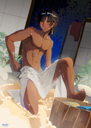 Rule 34 | 1boy, abs, absurdres, arknights, bishounen, black hair, blush, closed mouth, dark-skinned male, dark skin, feet, highres, looking at viewer, male focus, naked towel, no nipples, pectorals, short hair, signature, soles, solo, thorns (arknights), toes, towel, towel around waist, universkyyy, yellow eyes