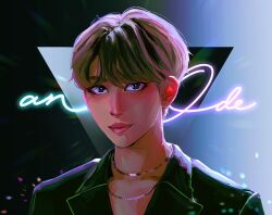 1boy black_eyeliner closed_mouth commentary english_commentary eyeliner highres jacket jewelry joshua_(seventeen) k-pop light_smile looking_at_viewer makeup male_focus necklace real_life serpentire seventeen_(group) short_hair solo upper_body