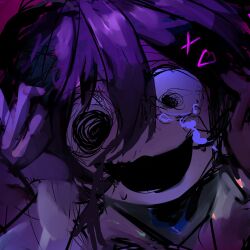 Rule 34 | :d, autooohyo, black eyes, commission, crazy, crazy eyes, crying, crying with eyes open, hair ornament, hands on own head, heart, heart hair ornament, highres, open mouth, original, pink background, purple hair, smile, tagme, tears, x hair ornament