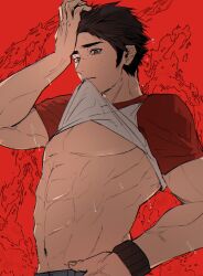 Rule 34 | 1boy, abs, armband, arms up, bare pectorals, black hair, blue pants, clothes in mouth, clothes lift, denim, grey eyes, hand on own hip, highres, jeans, male focus, mouth hold, navel, nintendo, pants, parted lips, pectorals, pokemon, pokemon sm, red (pokemon), red background, shirt, shirt in mouth, shirt lift, short sleeves, sideburns, sinm i, solo, sweat, t-shirt, teeth, veins, veiny arms