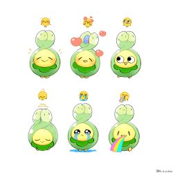 Rule 34 | 10moc10, :&gt;, :&lt;, bowing, budew, closed eyes, closed mouth, commentary request, emoji, gen 4 pokemon, heart, highres, multiple expressions, multiple views, nintendo, no humans, open mouth, pokemon, pokemon (creature), simple background, tears, twitter username, vomiting rainbows, white background