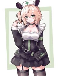 1girl absurdres alternate_costume animal_ears black_choker black_thighhighs blonde_hair blush breasts choker cleavage cowboy_shot crossed_bangs ddrawins garter_straps green_background green_eyes grey_background hair_between_eyes hat highres indie_virtual_youtuber long_hair long_sleeves looking_at_viewer medium_breasts nimi_nightmare nurse_cap pouch side_ponytail single_garter_strap solo standing tail tapir_ears tapir_girl tapir_tail thighhighs twirling_hair virtual_youtuber white_background zettai_ryouiki