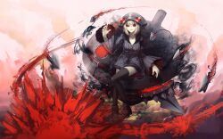 1girl absurdres black_thighhighs breasts choppy_bangs cleavage coat command_&amp;_conquer command_&amp;_conquer:_red_alert command_&amp;_conquer:_red_alert_2 crazy_smile dart full_body fur-trimmed_coat fur_trim grey_coat grey_hood highres hood hood_up hoodie horned_hood horns incoming_attack leaning_on_object libra_(mental_omega) long_sleeves machine machinery medium_breasts mental_omega_(mod) mys_sk pale_skin pleated_coat pleated_sleeves red_clouds red_eyes shoes short_hair smile solo telekinesis thighhighs white_hair zipper