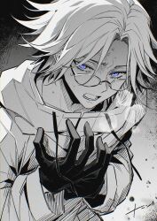 1boy absurdres anger_vein aotsuki_eito arm_up blue_eyes drawstring glasses gloves greyscale highres jacket looking_at_viewer male_focus monochrome nanin short_hair solo spot_color sweat the_hundred_line_-last_defense_academy- upper_body