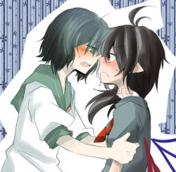 2girls :c ahoge bad_id bad_pixiv_id black_hair blush female_focus frown green_eyes hachi-kun hat houjuu_nue long_hair multiple_girls murasa_minamitsu open_mouth red_eyes sailor short_hair touhou wings yuri
