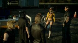 10s 1girl 4boys animated animated_gif boots breasts cidney_aurum cleavage curly_hair final_fantasy final_fantasy_xv gas_station gladiolus_amicitia hat ignis_scientia knee_boots midriff multiple_boys noctis_lucis_caelum prompto_argentum short_hair short_shorts shorts thighhighs