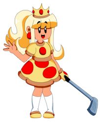 1girl black_eyes blonde_hair crown flat_chest gloves golf golf_club happy lowres original personification pizza_princess_(tinytoxicwaste101) pizza_tower ponytail princess smile tiara tinytoxicwaste101 toon_(style) transparent_background yellow_gloves