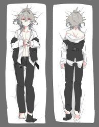 1boy ahoge belt black_pants black_vest blush closed_mouth crossed_bangs dakimakura_(medium) dot_mouth fate/apocrypha fate_(series) from_behind full_body grey_background grey_hair hair_between_eyes hair_intakes haoro highres male_focus medium_hair messy_hair open_belt pants red_eyes shirt_partially_removed sieg_(fate) simple_background single_sock socks solo vest