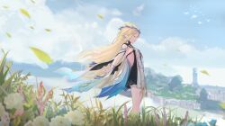 1girl bare_shoulders black_dress blue_cape cape cartethyia_(wuthering_waves) cleavage_cutout closed_eyes clothing_cutout commentary_request dress earrings field flower flower_field from_side head_wreath highres jewelry multicolored_dress outstretched_arms parted_lips peropicnic pointy_ears sisdeboob skyline solo spread_arms white_dress wuthering_waves