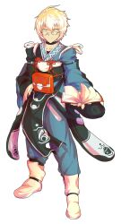 1boy ahoge alphes_(style) bag blue_pants book boots collarbone commentary_request dairi full_body glasses hand_on_own_hip highres holding holding_book japanese_clothes kimono large_variant_set long_sleeves male_focus morichika_rinnosuke pants parody red_bag short_hair solo standing style_parody tachi-e touhou variant_set white_boots white_hair yellow_eyes