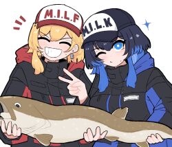 2girls animal baseball_cap blonde_hair blue_eyes blue_hair commentary earrings english_commentary fish fisherman grin hat hat_writing highres holding holding_animal holding_fish hololive hololive_english hololive_indonesia jewelry kaela_kovalskia multiple_girls one_eye_closed oscar_get ouro_kronii smile sweat v virtual_youtuber white_background