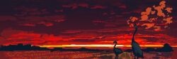 Rule 34 | bird, glowing, goose, hisachan55cute, horizon, mountainous horizon, no humans, original, pixel art, red clouds, red sky, red theme, rice paddy, scenery, silhouette, sky, sky focus, sunset