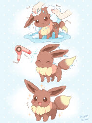 Rule 34 | 1other, :3, :d, artist name, bathing, blue background, blush, brown eyes, brown fur, closed eyes, closed mouth, commentary request, eevee, gen 1 pokemon, hair dryer, highres, mugita konomi, nintendo, open mouth, pokemon, pokemon (creature), polka dot, polka dot background, smile, soap, sparkle