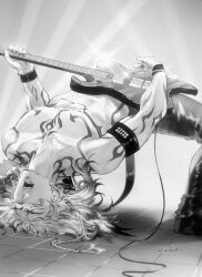 Rule 34 | 1boy, 206dih, absurdres, alternate costume, arm tattoo, armband, artist name, bending backward, chest tattoo, commentary, electric guitar, english commentary, facial tattoo, gradient hair, greyscale, guitar, highres, holding, holding guitar, holding instrument, honkai: star rail, honkai (series), instrument, jewelry, leather, leather pants, male focus, medium hair, monochrome, multicolored hair, music, mydei (honkai: star rail), nail polish, necklace, open mouth, pants, pectorals, playing instrument, solo, sweat, tattoo, toned, toned male, wristband