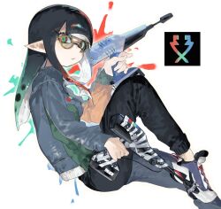 Rule 34 | 1girl, black hair, black pants, blue jacket, blue pupils, blue shoes, blunt bangs, breasts, commentary request, dual wielding, dualie squelchers (splatoon), glasses, gradient hair, green eyes, green hair, green jacket, highres, holding, holding weapon, inkling, inkling girl, inkling player character, invisible chair, jacket, long hair, long sleeves, looking at viewer, multicolored eyes, multicolored hair, multicolored jacket, nintendo, orange jacket, pants, parted lips, pointy ears, red eyes, red hair, round eyewear, shoes, sitting, small breasts, solo, splatoon (series), splatoon 3, tentacle hair, togetoge, weapon, white background, yellow-framed eyewear