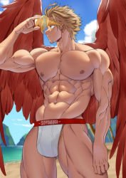Rule 34 | 1boy, abs, absurdres, alternate costume, alternate pectoral size, bara, beach, blonde hair, boku no hero academia, bulge, cowboy shot, facial hair, feathered wings, hawks (boku no hero academia), highres, jockstrap, large pectorals, lifeguard, male focus, male underwear, mature male, muscular, muscular male, navel, nipples, outdoors, pectorals, red wings, short hair, solo, stomach, stubble, suyohara, thick thighs, thighs, topless male, underwear, underwear only, water, whistle, whistle around neck, white male underwear, wings