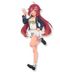 1girl :d ahoge aqua_eyes full_body hair_ornament hand_on_own_hip highres jacket leg_up long_hair official_art open_mouth pleated_skirt red_hair school_uniform skirt smile socks solo standing standing_on_one_leg transparent_background very_long_hair white_skirt world_dai_star yonaguni_hikari