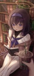 Rule 34 | 1girl, 1other, black hair, black shirt, blue archive, blue neckerchief, blush, book, bookshelf, brown cardigan, cardigan, closed mouth, coffee, crossed bangs, cup, disposable coffee cup, disposable cup, drink, gold necklace, hair between eyes, hairband, highres, holding, holding book, holding drink, jewelry, library, long hair, looking at viewer, neckerchief, necklace, on floor, pov, purple eyes, purple hairband, reading, samlooop, shirt, sidelocks, sitting, skirt, striped clothes, striped skirt, ui (blue archive), vertical-striped clothes, vertical-striped skirt, white shirt, white skirt