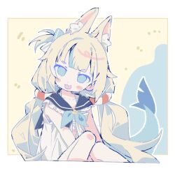 1girl an_(owo000111) animal_ear_fluff animal_ears black_sailor_collar blonde_hair blue_background blue_eyes blue_hair blue_neckerchief border cat_ears dress fang fins fish_tail hair_ribbon indie_virtual_youtuber long_hair looking_at_viewer low_twintails multicolored_hair neckerchief one_side_up open_mouth ribbon sailor_collar sameko_saba shark_tail sitting skin_fang sleeveless sleeveless_dress smile solo streaked_hair tail twintails two-tone_hair virtual_youtuber white_background white_dress yellow_background