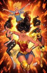 4girls armored_boots bare_shoulders black_bodysuit black_hair blonde_hair blue_eyes blue_jacket bodysuit boots bracer brown_eyes cassie_sandsmark clenched_hands comic_cover dark-skinned_female dark_skin david_nakayama dc_comics donna_troy highres initial jacket long_hair looking_at_viewer multiple_girls official_art open_clothes open_jacket sleeveless sleeveless_bodysuit textless_version tiara white_boots wonder_girl wonder_woman wonder_woman_(series) yara_flor