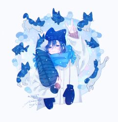 Rule 34 | 1girl, absurdres, amenojaku, animal ear headwear, blue eyes, blue hair, blue hat, blue mittens, blue scarf, blue theme, blush, cat, cat day, closed mouth, commentary, cropped torso, dated, fake animal ears, fish, hair between eyes, hat, highres, looking at viewer, mittens, original, scarf, shirt, signature, smile, solo, v, white shirt