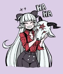 1girl animal_ears baphomet_(grizz) black_horns breasts closed_eyes demon demon_girl demon_horns goat_ears goat_girl goat_horns goat_mask grizz helltaker horns inverted_pentagram long_hair original red_shirt shirt smile vanripper_(style) white_hair