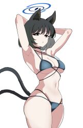1girl animal_ears armpits arms_behind_head bikini black_eyes black_hair blue_archive blue_bikini blue_halo breasts cat_ears cat_girl cat_tail commentary_request gimrondo_csne4455 halo highres kikyou_(blue_archive) kikyou_(swimsuit)_(blue_archive) looking_at_viewer medium_breasts multiple_tails navel official_alternate_costume solo swimsuit tail