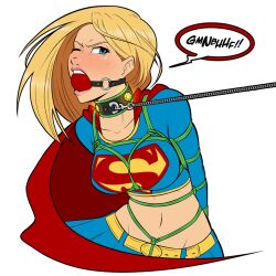 arms_behind_back ball_gag bdsm bondage bound cape captured collarbone crop_top gag gagged midriff navel original peril red_cape shibari struggling supergirl tied_up_(nonsexual) wossarem