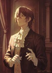 1boy absurdres antonio_salieri_(fate) antonio_salieri_(human)_(fate) ascot brown_coat brown_hair brown_vest closed_mouth coat commentary curtains dated fate/grand_order fate_(series) gloves hair_between_eyes hair_ribbon half_updo hands_up highres indoors jewelry kirei71 lapels light_particles long_sleeves looking_ahead male_focus notched_lapels pillar ribbon ring shirt short_hair smile solo upper_body vest white_ascot white_gloves white_shirt yellow_eyes yellow_ribbon