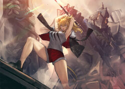 1girl animal_ears arknights armpits black_jacket black_shoes blonde_hair blue_eyes breasts commentary_request from_below fur-trimmed_jacket fur_trim holding holding_sword holding_weapon jacket jacket_on_shoulders large_breasts lion_ears lion_girl looking_up melon22 open_mouth ponytail red_shorts shirt shoes shorts siege_(arknights) solo sword weapon white_shirt