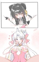 2girls after_cunnilingus ahoge aqua_eyes bare_shoulders black_bow blush bow breasts breath carlotta_(splashing_summer)_(wuthering_waves) carlotta_(wuthering_waves) clothing_aside commentary_request dated female_rover_(wuthering_waves) hair_bow hair_ribbon hand_up heart highres long_hair looking_at_viewer medium_breasts multiple_girls official_alternate_costume one-piece_swimsuit open_mouth oral parted_bangs pink_bow pink_one-piece_swimsuit ribbon rover_(wuthering_waves) saliva saliva_trail signature starblame striped_bow sweat swimsuit swimsuit_aside thighs tongue tongue_out trembling very_long_hair white_hair wuthering_waves yellow_eyes yellow_ribbon yuri