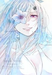 1girl artist_name breasts cleavage collarbone commentary_request drag-on_dragoon drag-on_dragoon_3 eyelashes flower flower_over_eye highres large_breasts long_hair smile solo twitter_username upper_body watermark white_hair yurikawa_(yurikawa_kwyr) zero_(drag-on_dragoon)