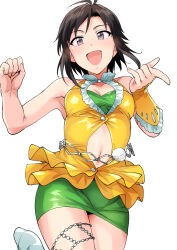 1girl antenna_hair armpits bandeau bare_shoulders black_eyes black_hair breasts clothing_cutout collarbone commentary_request cowboy_shot fingernails floral_(idolmaster) frilled_skirt frills green_bandeau green_skirt hands_up highres idolmaster idolmaster_(classic) idolmaster_2 kikuchi_makoto looking_at_viewer miniskirt navel navel_cutout open_mouth pencil_skirt pointing shirt short_hair simple_background skirt sleeveless sleeveless_shirt smile solo thigh_strap tsurui vital_sunflower_(idolmaster) white_background yellow_shirt