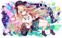 alternate_costume alternate_hair_ornament ankle_boots aqua_nails aqua_skirt artist_request badge bag balloon baseball_cap black_boots black_bow black_choker black_hat black_straps blonde_hair blue_eyes blue_ribbon blush boots bow button_badge cel_shading cellphone character_print choker closed_mouth collarbone crash_fever cross-laced_clothes cross-laced_sleeves cup diamond_print disposable_cup double_v duffel_bag fingernails food fruit full_body game_cg hair_bow hair_ornament half_updo hat hat_ribbon heart heart_choker ice knot lace-up_boots lemon lemon_slice long_hair long_sidelocks looking_at_viewer mobius_(crash_fever) official_alternate_costume official_alternate_hair_ornament official_art outline phone plaid_clothes plaid_skirt pleated_skirt pochi_(crash_fever) red_outline ribbon see-through_clothes see-through_hair_ornament shirt sidelocks single_fishnet_legwear skirt smartphone smile solo stage stage_lights star_(symbol) star_print tachi-e text_print two-tone_skirt two_side_up v very_long_hair white_shirt white_sleeves wristband x_hair_ornament