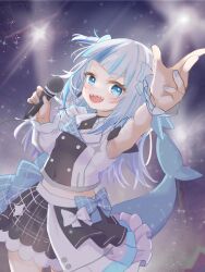 1girl absurdres black_skirt blue_eyes blue_hair blue_nails fins fish_tail gawr_gura grey_hair highres holding holding_microphone hololive hololive_english hololive_idol_uniform_(bright) illusiya looking_at_viewer medium_hair microphone multicolored_hair nail_polish official_alternate_costume open_mouth shark_girl shark_tail shirt skirt smile solo streaked_hair tail virtual_youtuber white_shirt