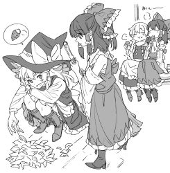 2girls apron ascot boots bow braid broom chest_sarashi detached_sleeves eating food food_on_face frilled_bow frilled_hair_tubes frilled_shirt_collar frills greyscale hair_bow hair_tubes hakurei_reimu hat hat_bow highres holding holding_broom holding_food kirisame_marisa leaf long_hair long_sleeves mero_(starfish_jcs) monochrome multiple_girls open_mouth pile porch puffy_long_sleeves puffy_sleeves ribbon-trimmed_sleeves ribbon_trim roasted_sweet_potato sarashi side_braid single_braid sitting skirt smile spoken_food squatting sweet_potato touhou vest waist_apron witch_hat
