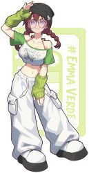 1girl arm_up black_hat braid breasts cassette_player cleavage closed_mouth collarbone crop_top emma_verde freckles full_body hat large_breasts love_live! love_live!_nijigasaki_high_school_idol_club low_twin_braids medium_hair navel off-shoulder_shirt off_shoulder pants pink-tinted_eyewear raglan_sleeves round_eyewear shirt shoes smile solo sunglasses sweatpants tinted_eyewear transparent_background twin_braids waste-man white_pants white_shoes