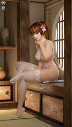 1girl 3d absurdres artist_logo ass bare_shoulders bra breasts bridal_lingerie brown_eyes brown_hair dead_or_alive female_focus fishnet_thighhighs fishnets flower garter_belt garter_straps hair_flower hair_ornament hair_ribbon highres japanese_text kasumi_(doa) lace lace-trimmed_legwear lace_trim large_breasts lingerie logo long_hair matching_hair/eyes navel no_panties pink_flower ponytail radianteld ribbon room sitting strapless strapless_bra text_focus thighhighs translation_request underwear underwear_only white_bra white_thighhighs yellow_ribbon