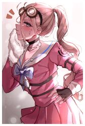 1girl barbed_wire black_choker blonde_hair blush bow bowtie breasts brown_gloves choker danganronpa_(series) danganronpa_v3:_killing_harmony fingerless_gloves from_side gloves goggles goggles_on_head hand_up highres iruma_miu large_breasts long_sleeves notice_lines o-ring outline pink_background pink_shirt pink_skirt pleated_skirt ponytail purple_bow purple_bowtie sailor_collar shirt skirt sweat white_background white_outline white_sailor_collar yuyu_(yuuyudayo1211)