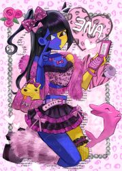 Rule 34 | alternate costume, animal print, bag, bangle, belt, black hair, blue skin, blunt bangs, bow, bracelet, breasts, cellphone, cellphone charm, character charm, charm (object), cleavage, colored skin, crop top, dog, dolphin, ena (ena), ena (series), ena (species), ena (web series), feather boa, flip phone, floating head, flower, gyaru, handbag, heart, high heels, highres, hourglass dog, jewelry, leaf, leg warmers, legwear garter, leopard print, long hair, low poly, moony (ena), multicolored skin, necklace, pet, phindoll, phone, pink flower, pink rose, rose, sad ena, shirt, side ponytail, single fishnet legwear, single thighhigh, skirt, split-color skin, thighhighs, two-tone skin, usagimarumei, yellow skin